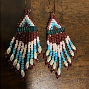 Handcrafted Beaded Earrings with Brown and Blue Accents